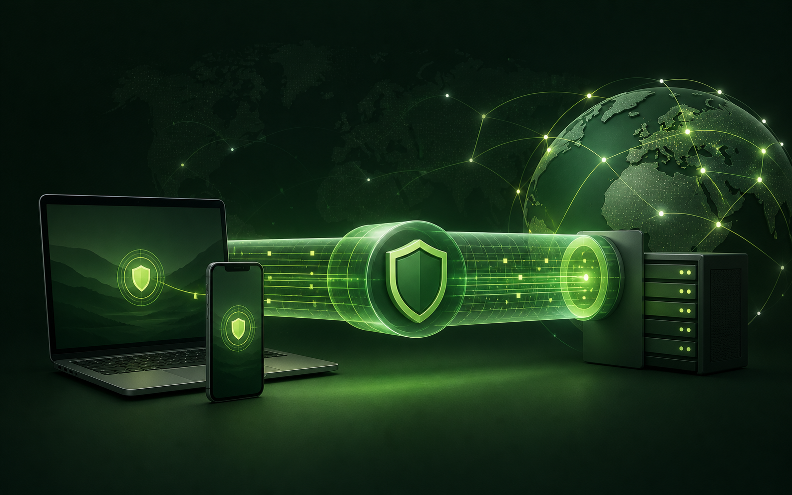 Notebook a telefón pripojené cez chránený VPN tunel k serveru a internetu