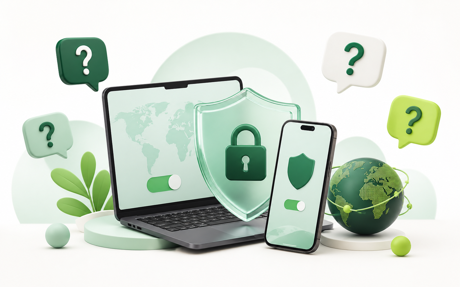 Ilustrácia zariadení chránených VPN so symbolmi otázok